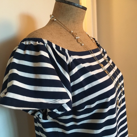 M/L Ralph Lauren Off Shoulder Knit Holiday Dress Navy White - Picture 4 of 8